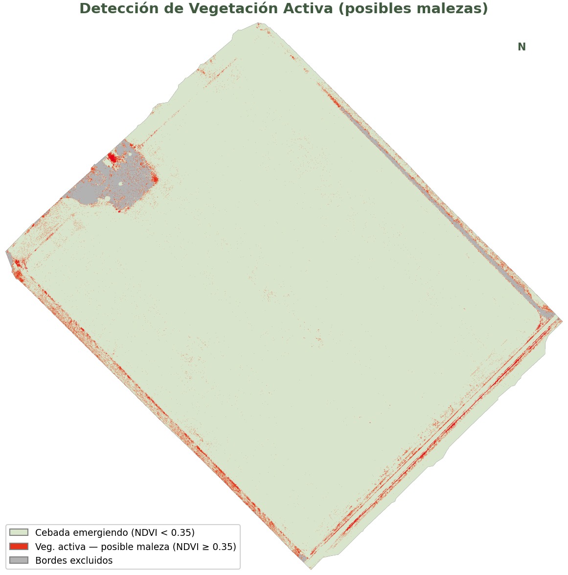 Detección de malezas — en rojo y naranja las zonas con vegetación activa; en gris, los bordes excluidos del análisis