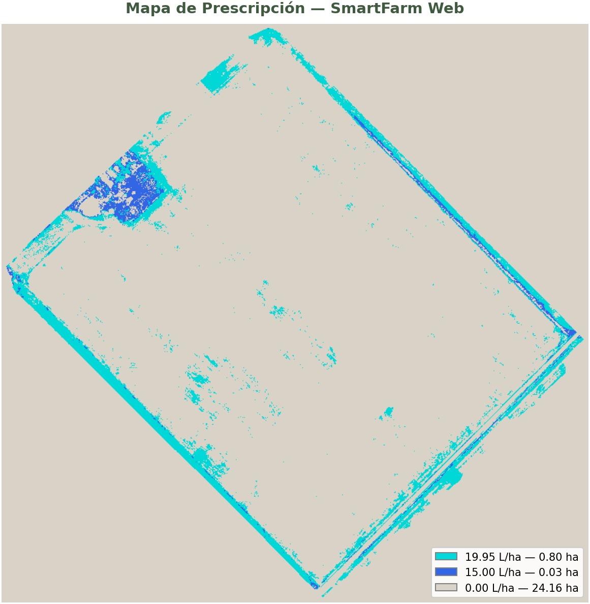 Mapa de prescripción — cada color es una dosis distinta, cargada directamente en el dron
